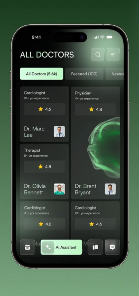 Patient booking app listing doctors with ratings, specialities and an AI assistant