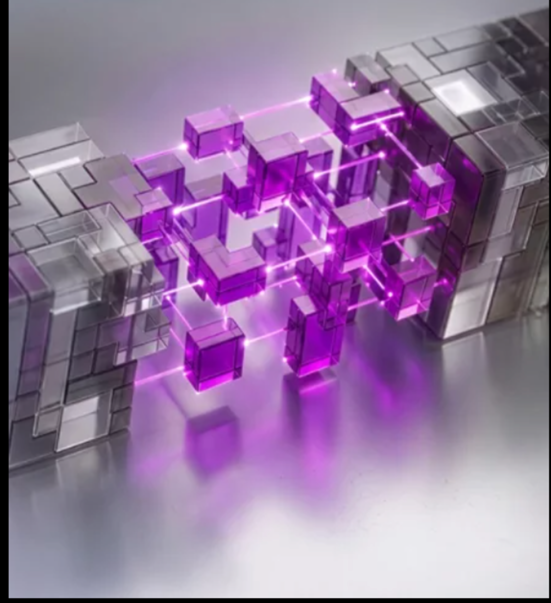 Abstract violet data blocks forming a connected agentic network