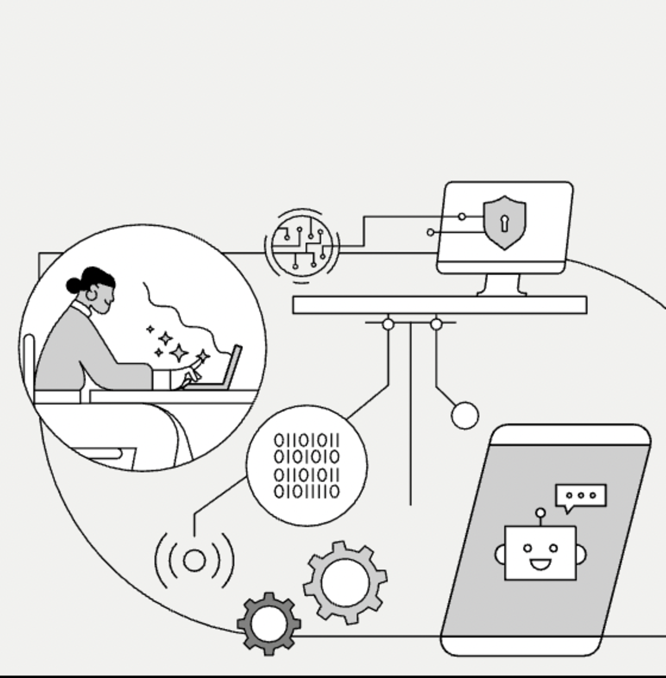 Line illustration of a person working alongside automated agents across devices