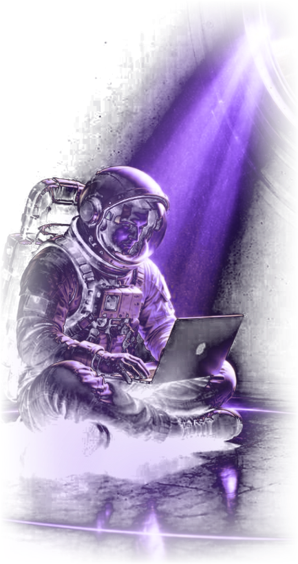 An AI agent working autonomously — illustrated as an astronaut running operations from a laptop