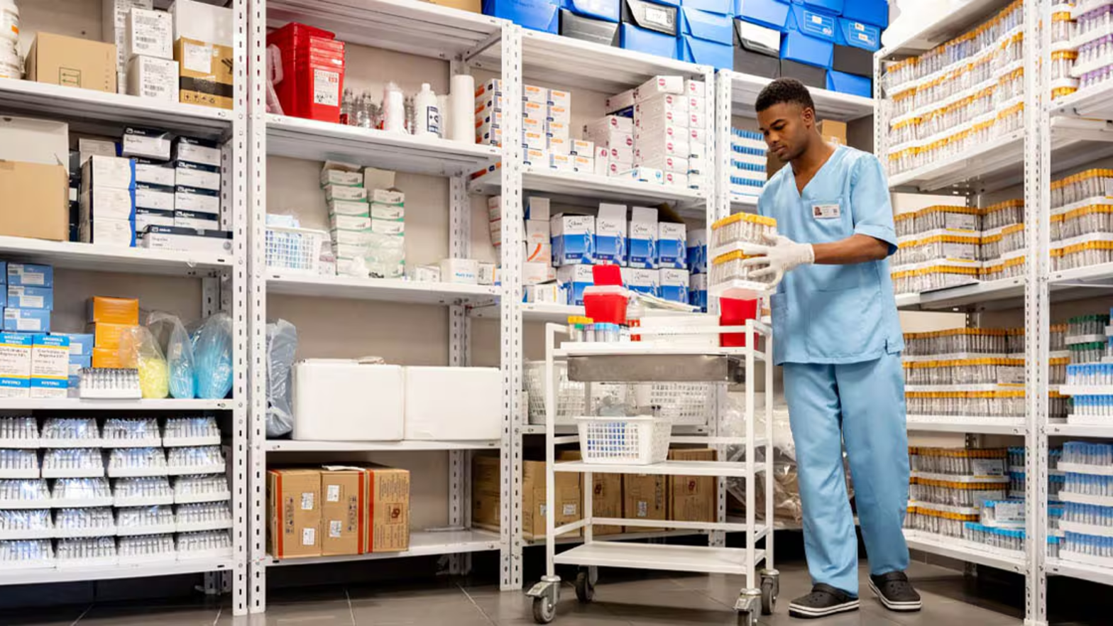 Hospital staff picking stock in a medical supply store room