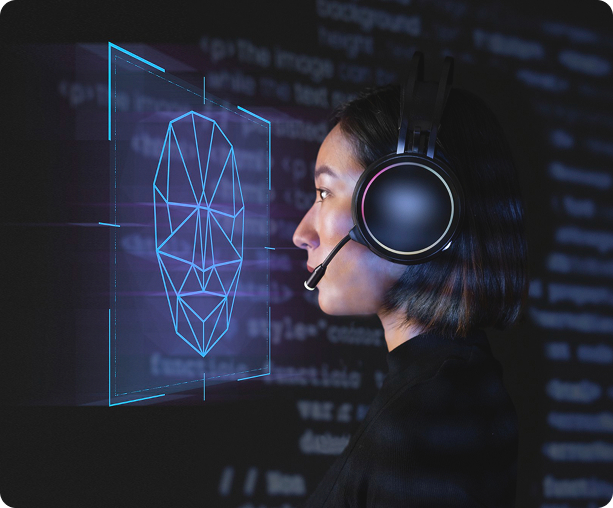 AI Chargeback and Dispute Helper - Woman with headset and wireframe face overlay