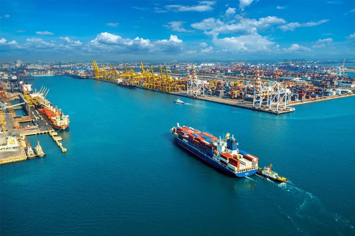 Aerial view of a container terminal with quay cranes