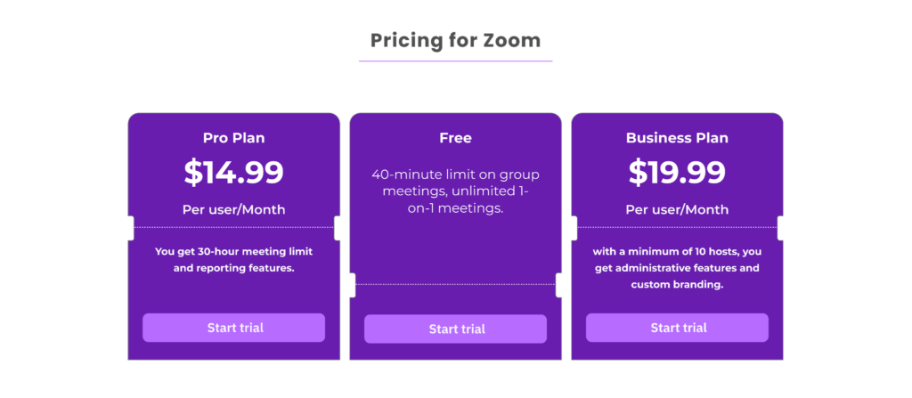 pricing of zoom